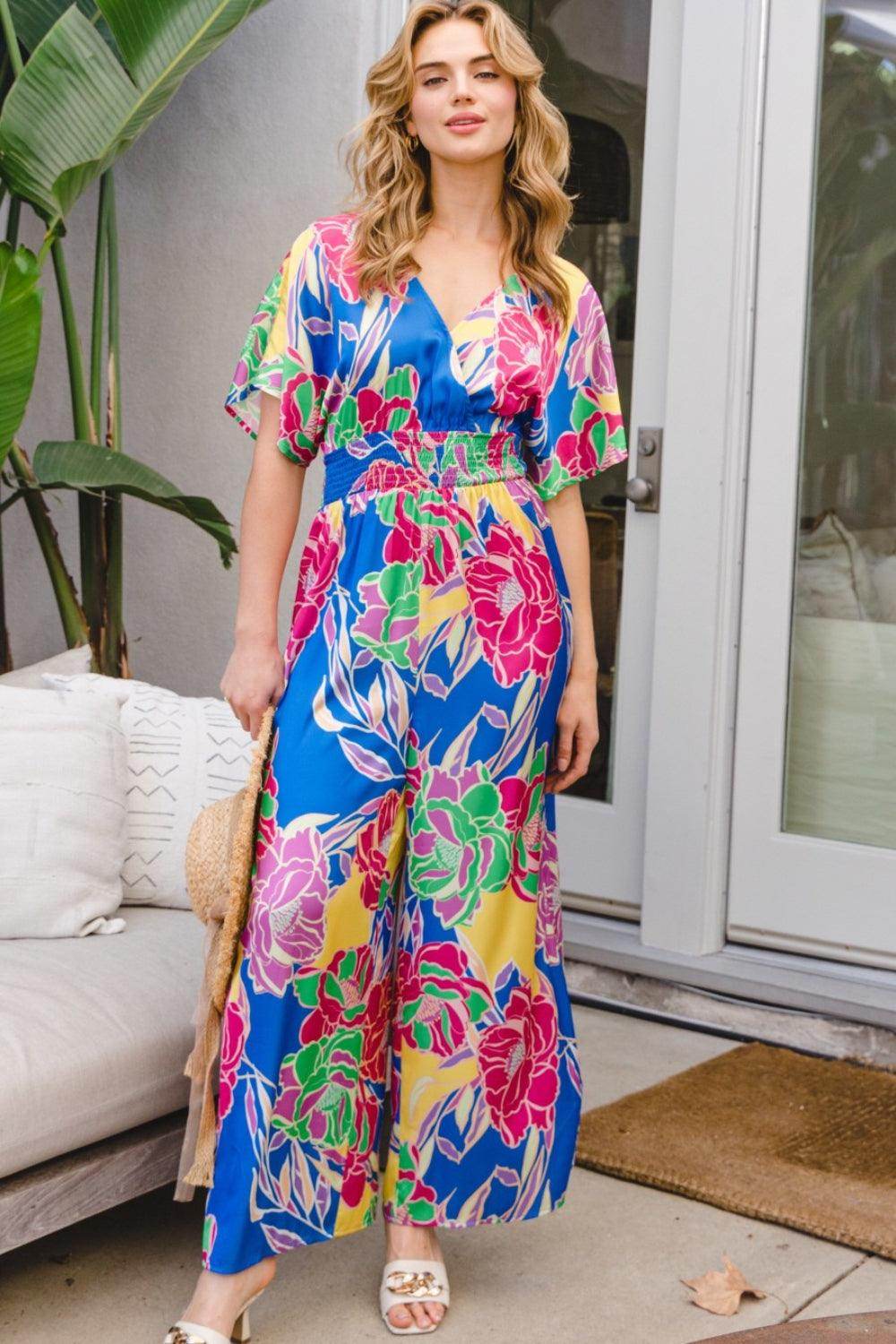 ODDI Full Size Floral Smocked Tied Back Jumpsuit for Women - Selvanelle