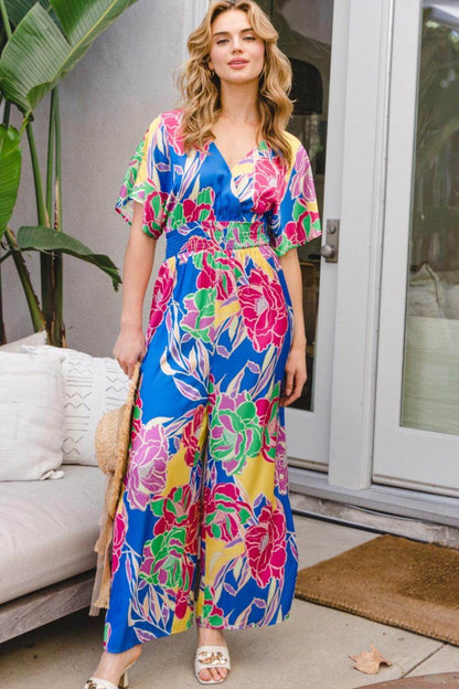 ODDI Full Size Floral Smocked Tied Back Jumpsuit for Women - Selvanelle