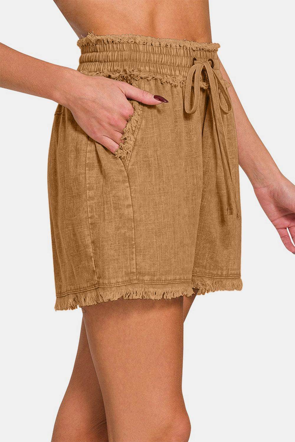 Zenana Washed Linen Frayed Hem Drawstring Shorts for Summer - Selvanelle