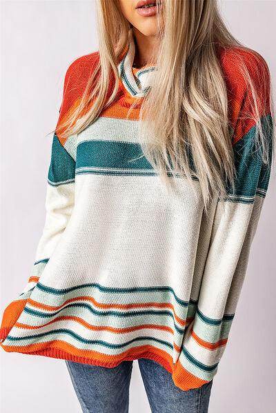 Contrast Striped Turtleneck Dropped Shoulder Sweater for Women - Selvanelle