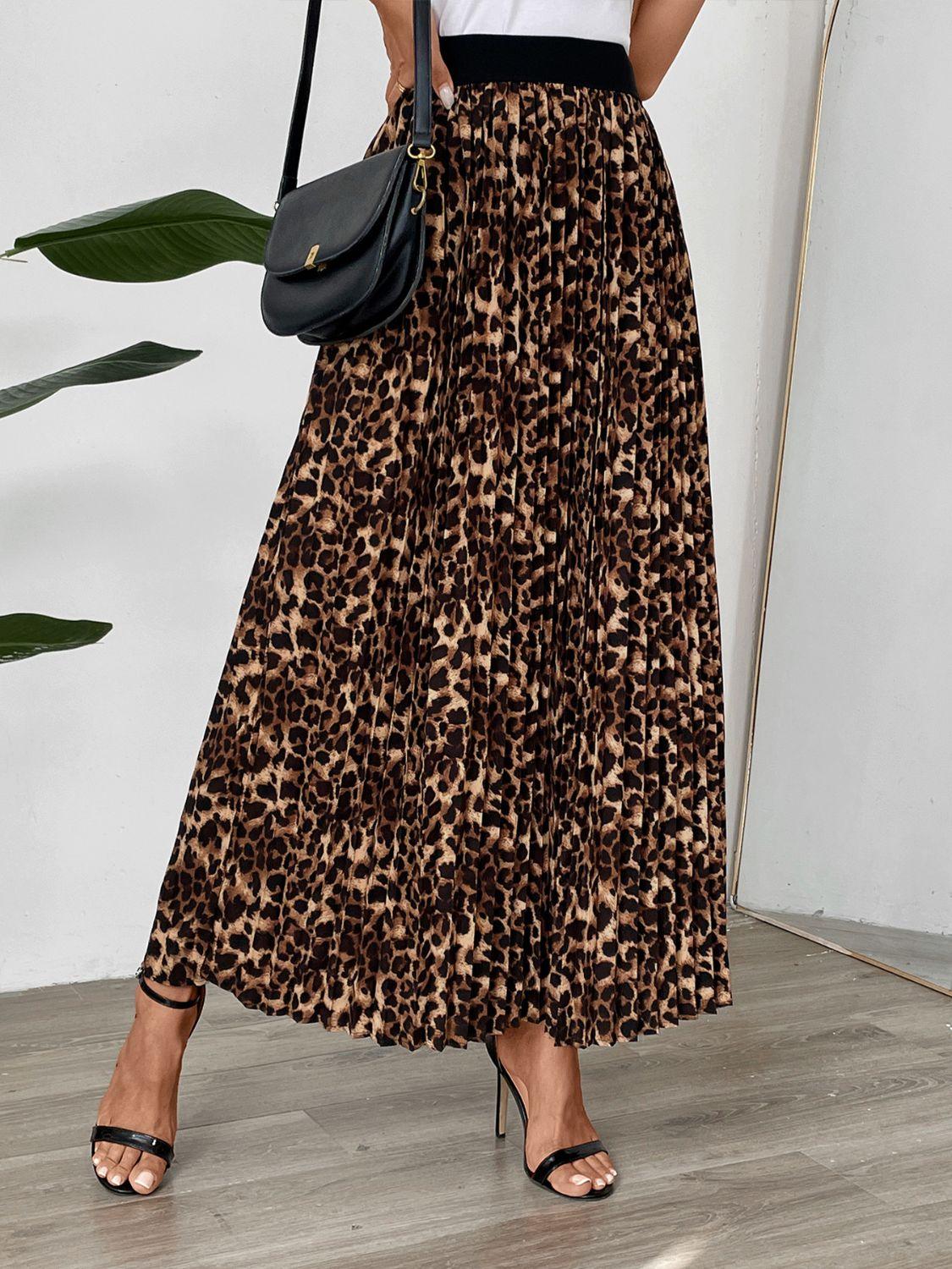 Perfee Pleated Leopard Maxi Skirt for Women Fashion Style