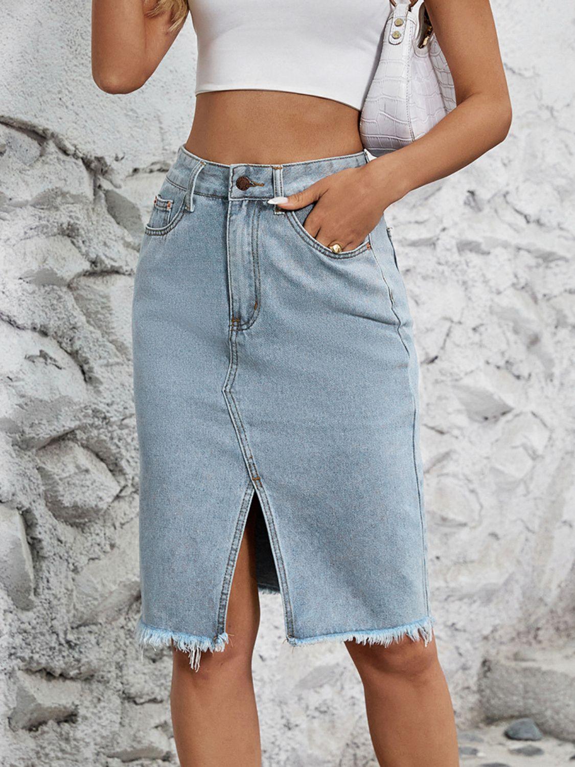 Raw Hem Slit Denim Skirt for Trendy Casual Wear