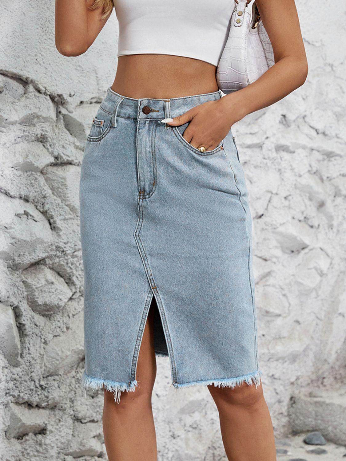 Raw Hem Slit Denim Skirt for Trendy Casual Wear - Selvanelle