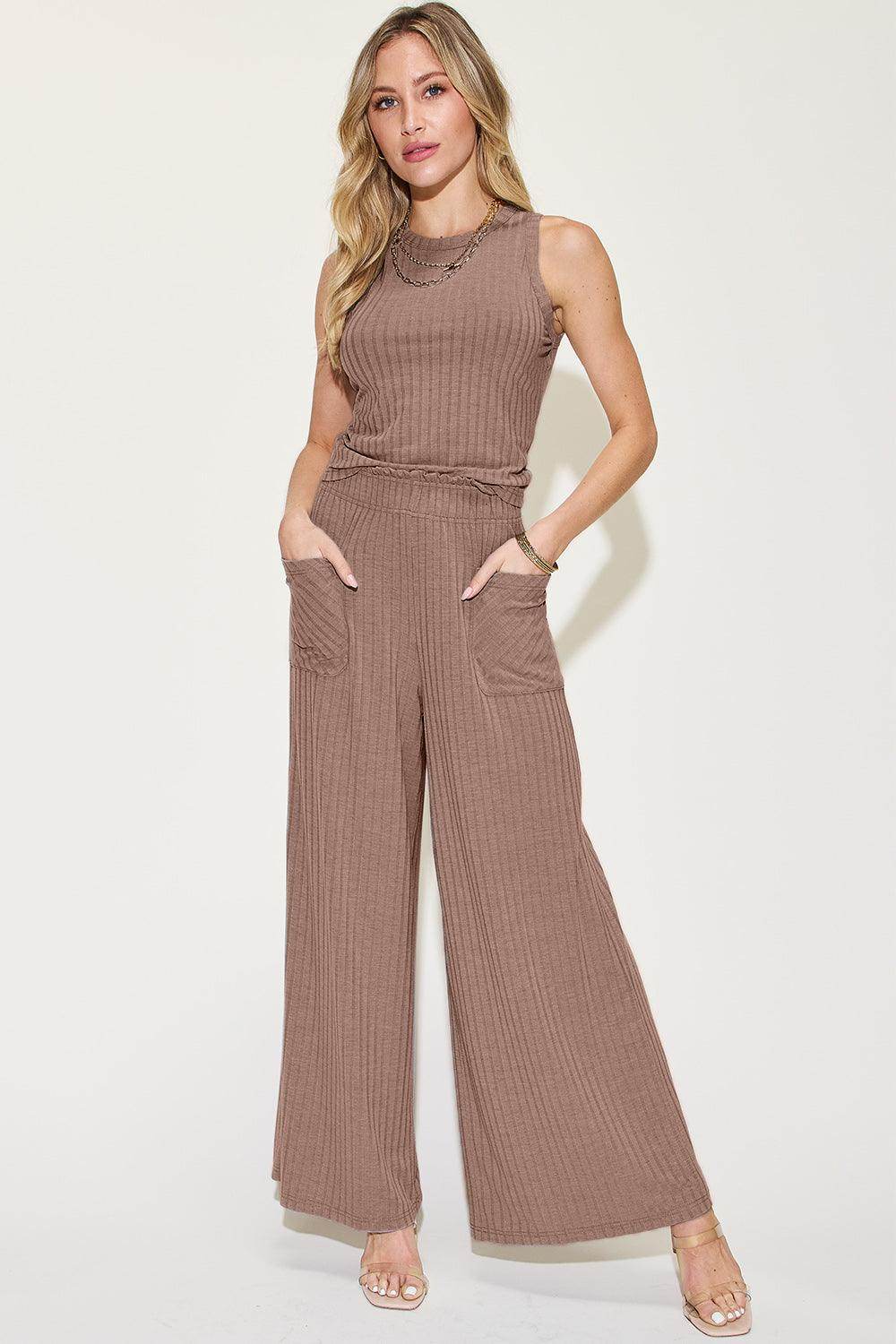 Basic Bae Full Size Ribbed Tank and Wide Leg Pants Set - Selvanelle