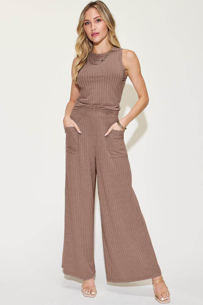 Basic Bae Full Size Ribbed Tank and Wide Leg Pants Set - Selvanelle