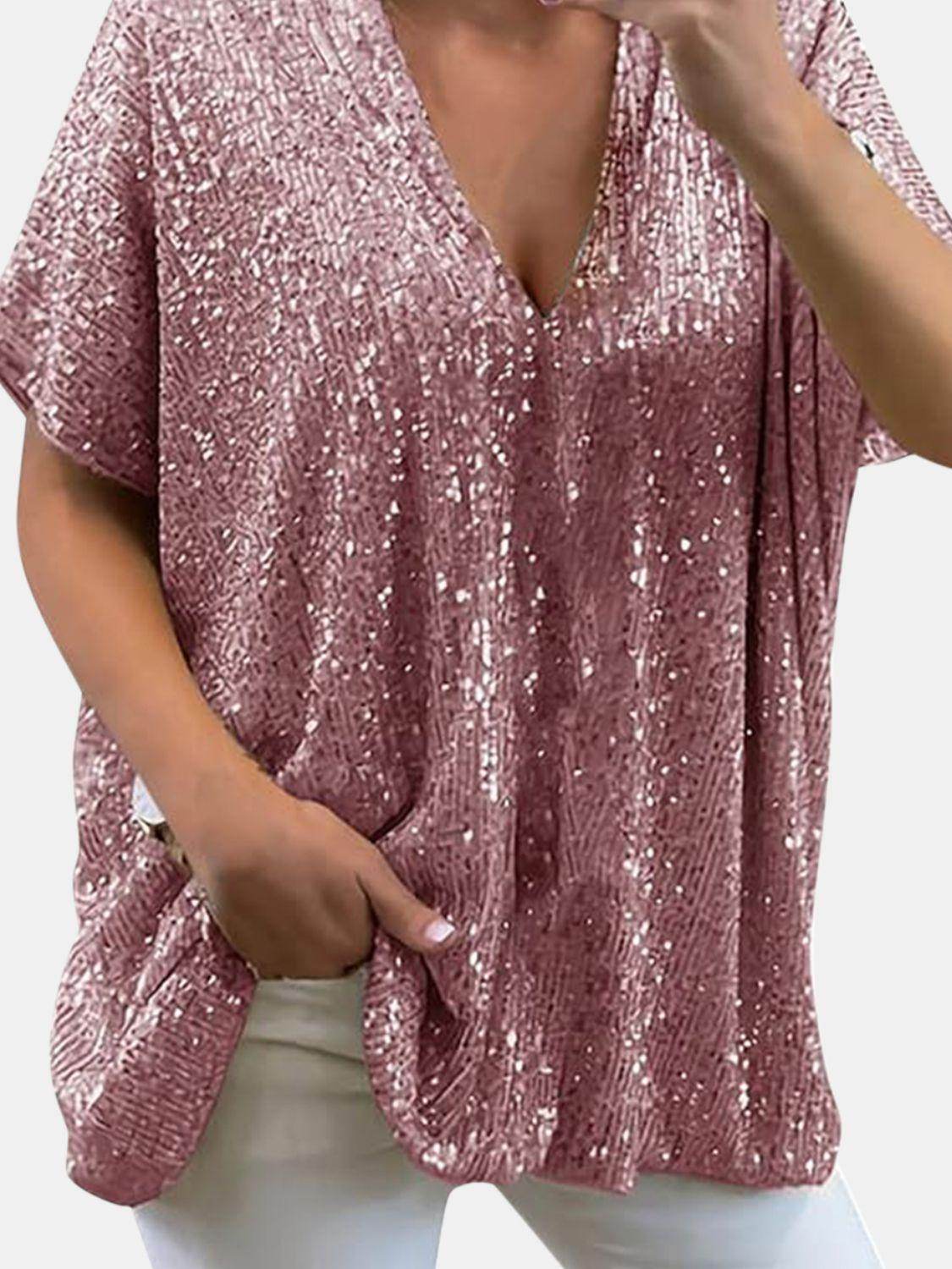 Full Size Sequin V-Neck Short Sleeve Top for Women - Selvanelle