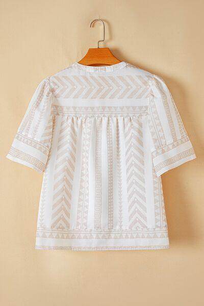 Geometric Jacquard Notched Half Sleeve Blouse for Women - Selvanelle