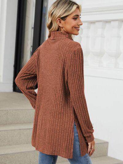 Slit Mock Neck Long Sleeve T-Shirt for Women with Pocket - Selvanelle