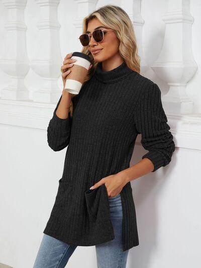 Slit Mock Neck Long Sleeve T-Shirt for Women with Pocket - Selvanelle