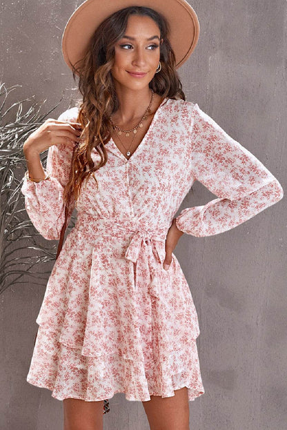Floral Surplice Balloon Sleeve Layered Dress - Selvanelle
