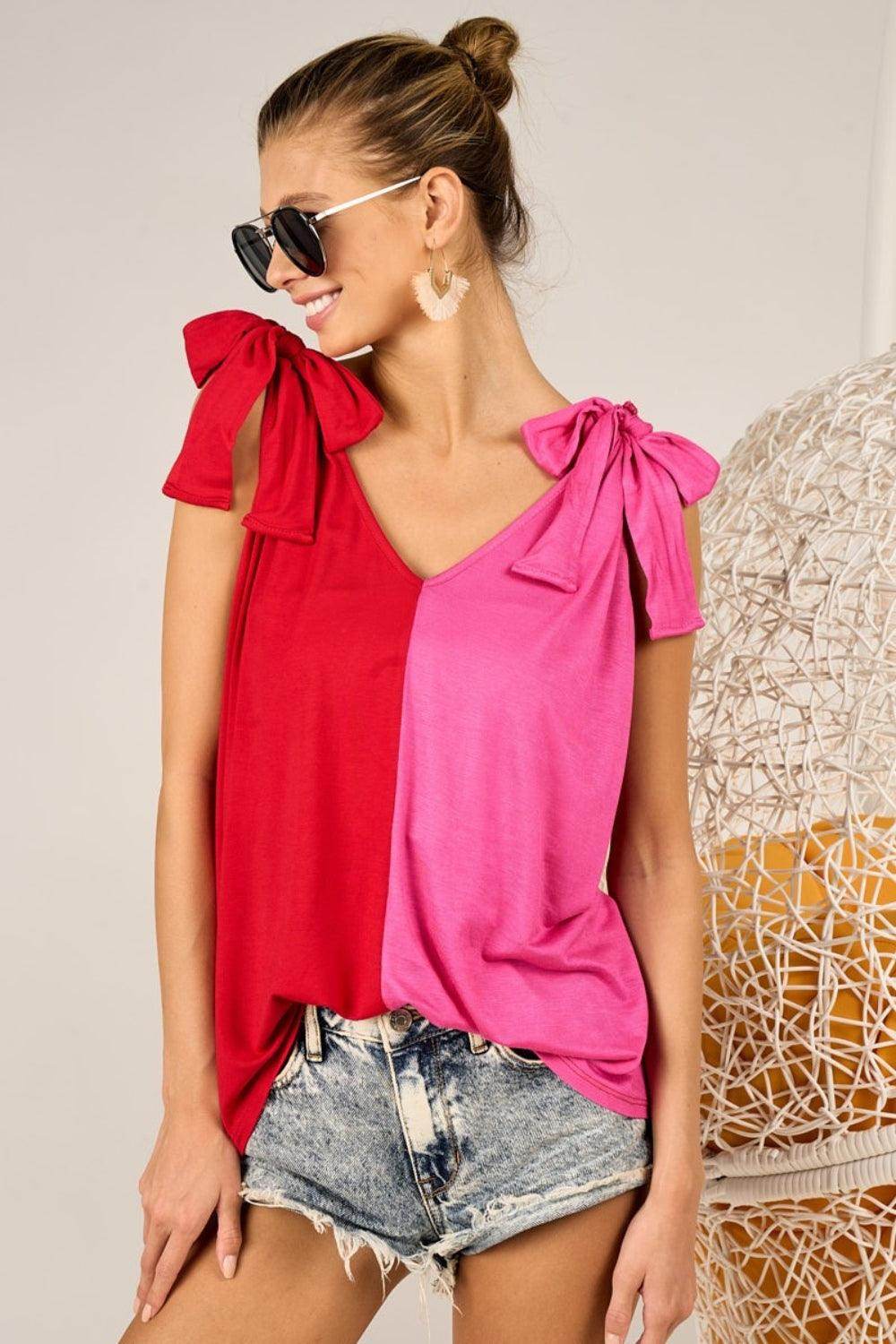 BiBi Shoulder Ribbon Tied Contrast Tank for Stylish Look - Selvanelle