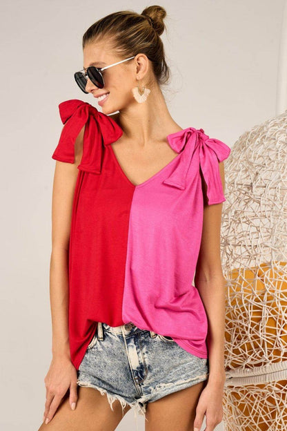 BiBi Shoulder Ribbon Tied Contrast Tank for Stylish Look - Selvanelle