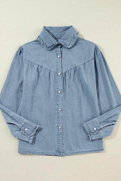 Button Up Long Sleeve Denim Top for Stylish Comfort - Selvanelle