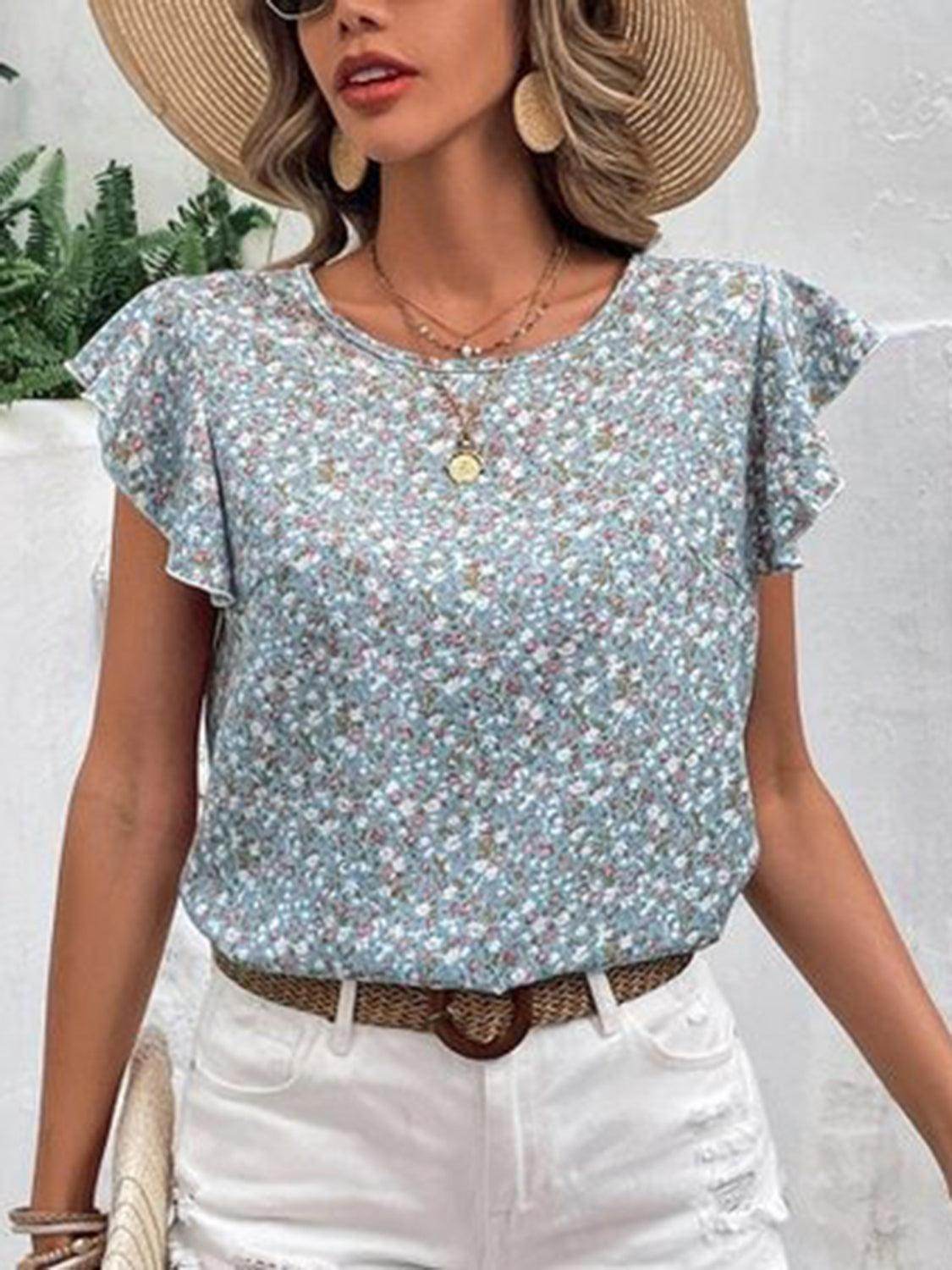 Ditsy Floral Round Neck Cap Sleeve Top for Women - Selvanelle