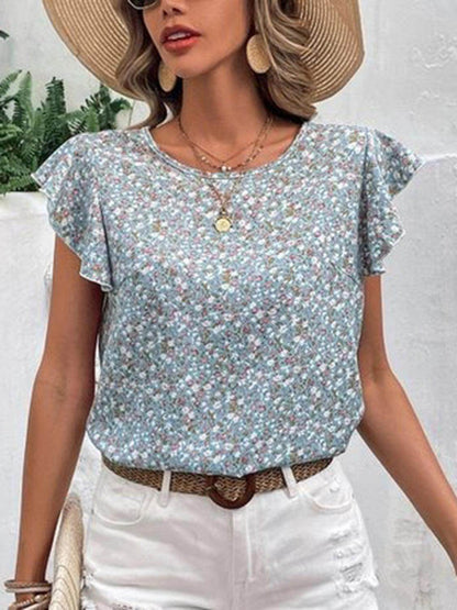 Ditsy Floral Round Neck Cap Sleeve Top for Women - Selvanelle