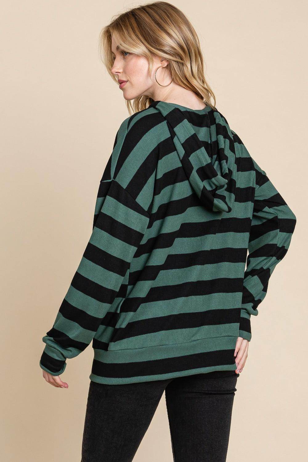 BOMBOM Drawstring Striped Dropped Shoulder Hoodie for Women - Selvanelle