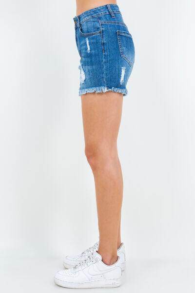 American Bazi High Waist Distressed Frayed Denim Shorts - Selvanelle