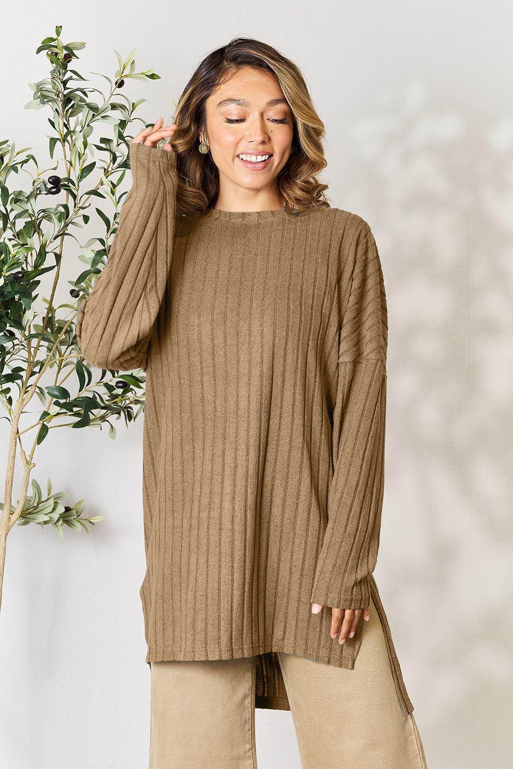 Basic Bae Full Size Ribbed Round Neck Long Sleeve Slit Top - Selvanelle