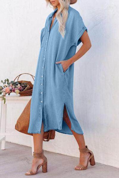 Slit Button Up Short Sleeve Imitation Denim Dress for Women - Selvanelle