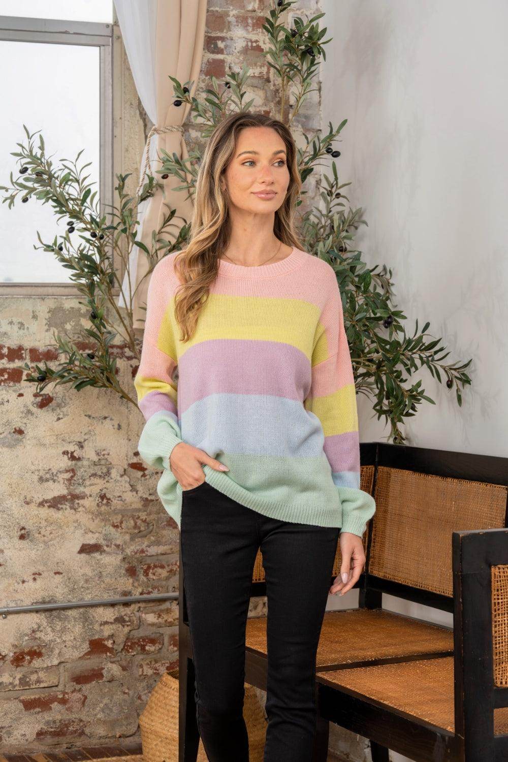 Sew In Love Full Size Color Block Round Neck Sweater - Selvanelle