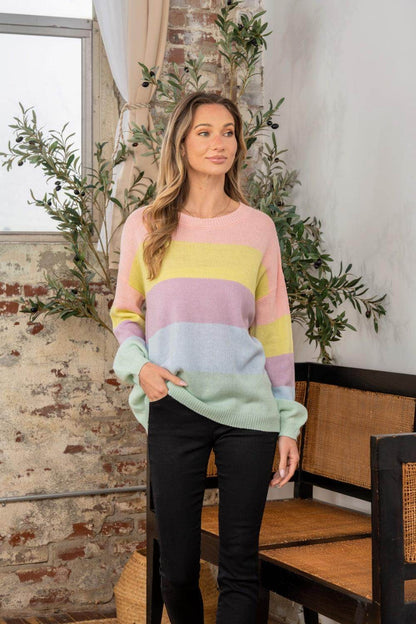 Sew In Love Full Size Color Block Round Neck Sweater - Selvanelle
