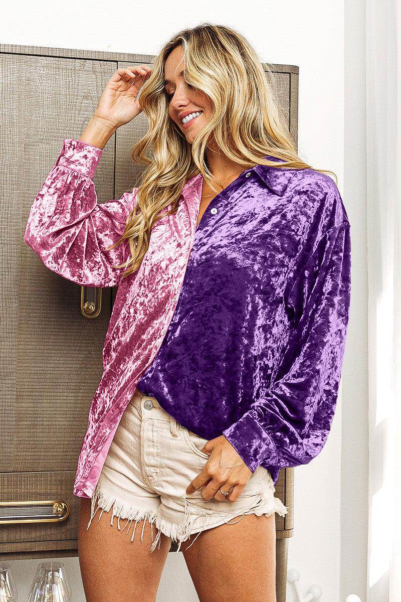 BiBi Contrast Button Up Long Sleeve Shirt for Women - Selvanelle