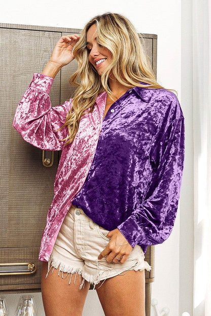 BiBi Contrast Button Up Long Sleeve Shirt for Women - Selvanelle