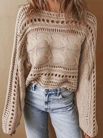 Hollow Out Cable-Knit Boat Neck Sweater for Women - Selvanelle