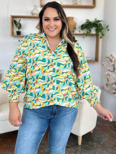 Double Take Full Size Printed Smocked Long Sleeve Blouse - Selvanelle