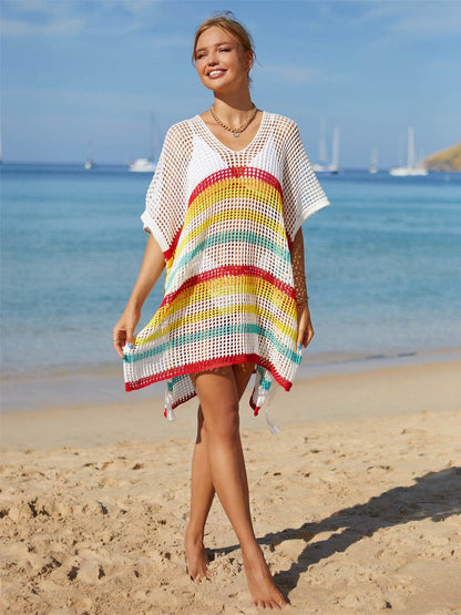 Angel Wings Cutout Striped Cover-Up with Tassel - Selvanelle