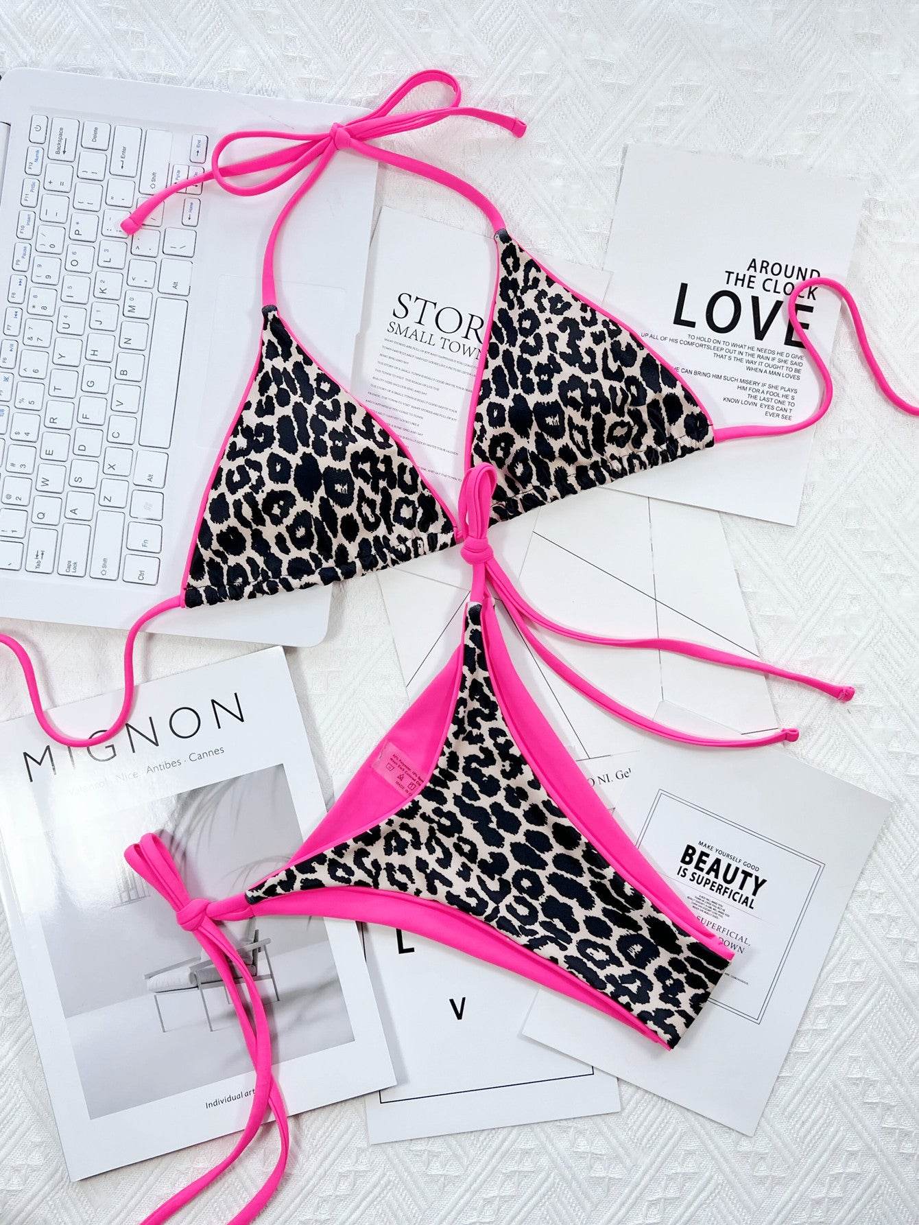 Leopard Print Halter Neck Tie Side Bikini Set - Selvanelle
