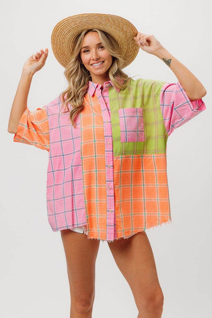 BiBi Plaid Collared Neck Half Sleeve Shirt for Women - Selvanelle