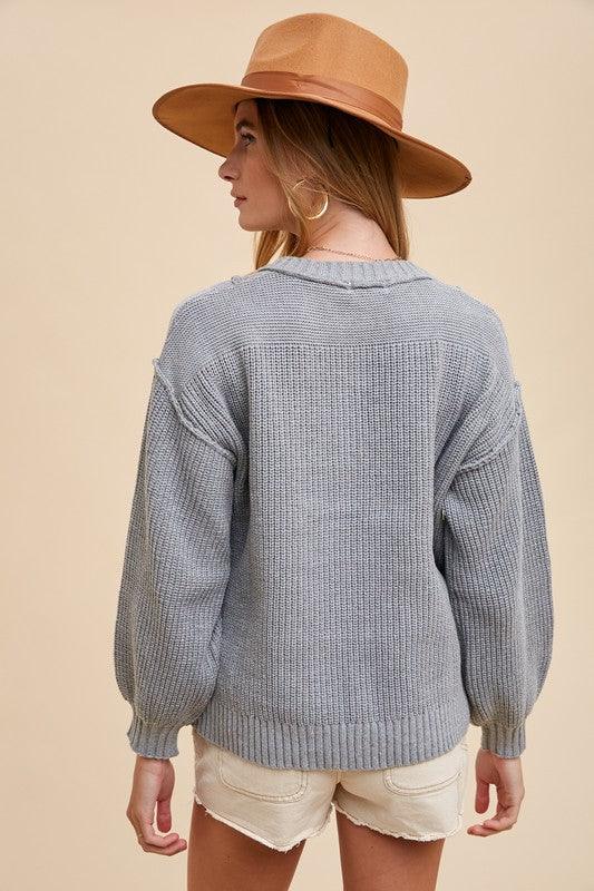 Annie Wear Half Button Ribbed Hem Sweater for Women