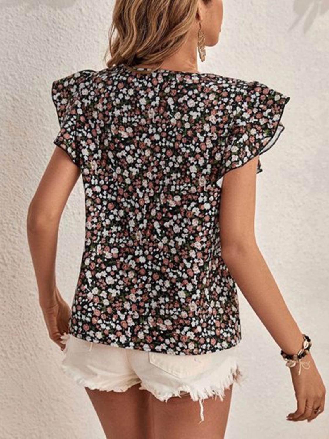 Ditsy Floral Round Neck Cap Sleeve Top for Women - Selvanelle