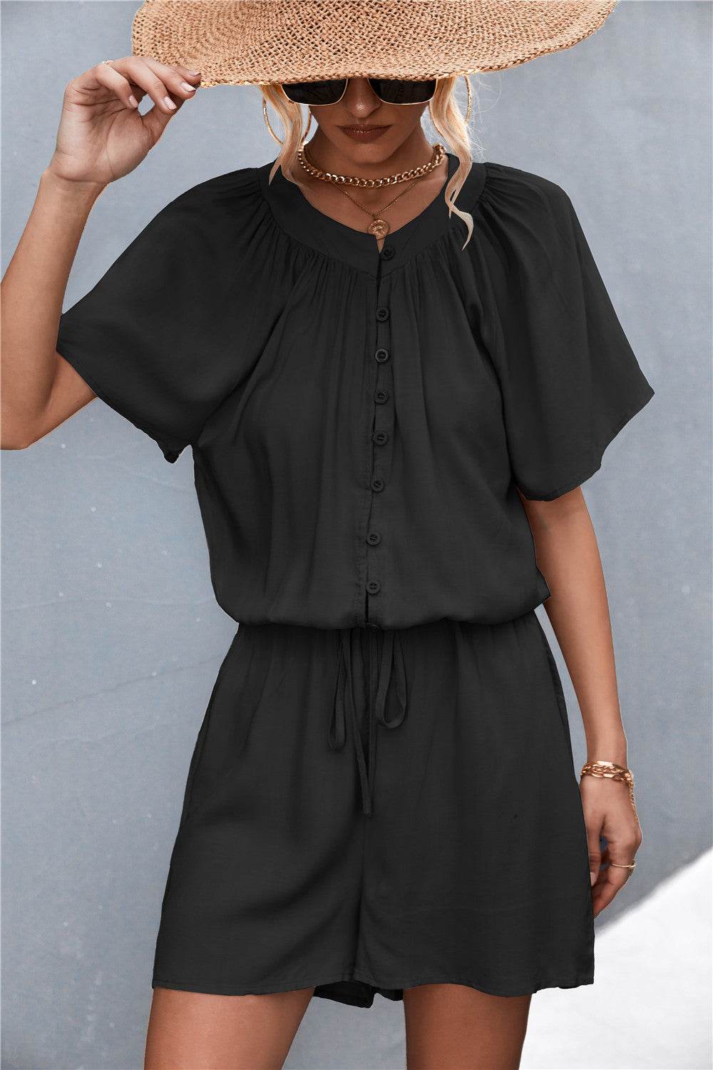Buttoned Gather Detail Romper - Selvanelle