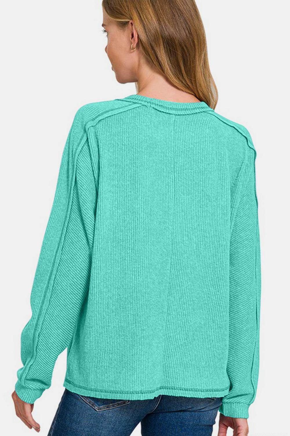 Zenana Full Size Contrast Stitching Brushed Ribbed Top Plus Size - Selvanelle