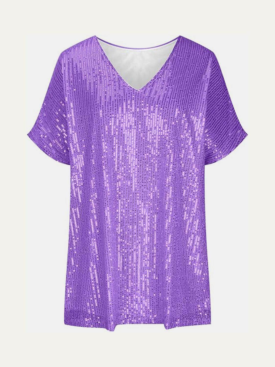 Full Size Sequin V-Neck Short Sleeve Top for Women - Selvanelle