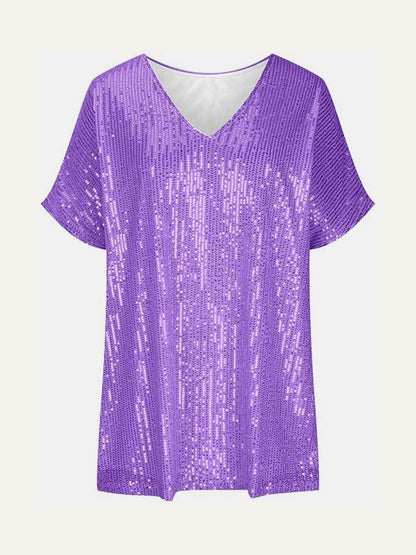 Full Size Sequin V-Neck Short Sleeve Top for Women - Selvanelle