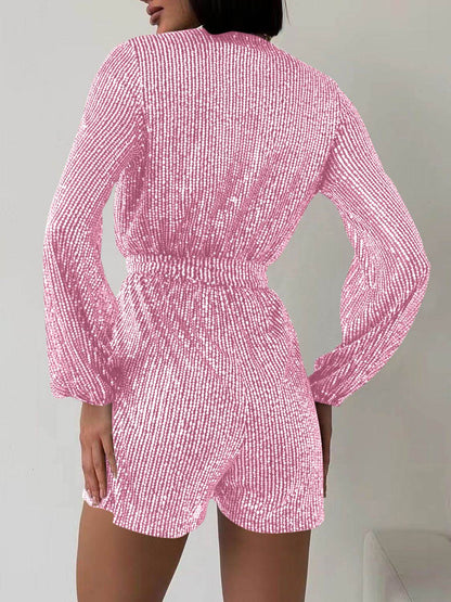 Full Size Sequin Surplice Tie Waist Long Sleeve Romper - Selvanelle