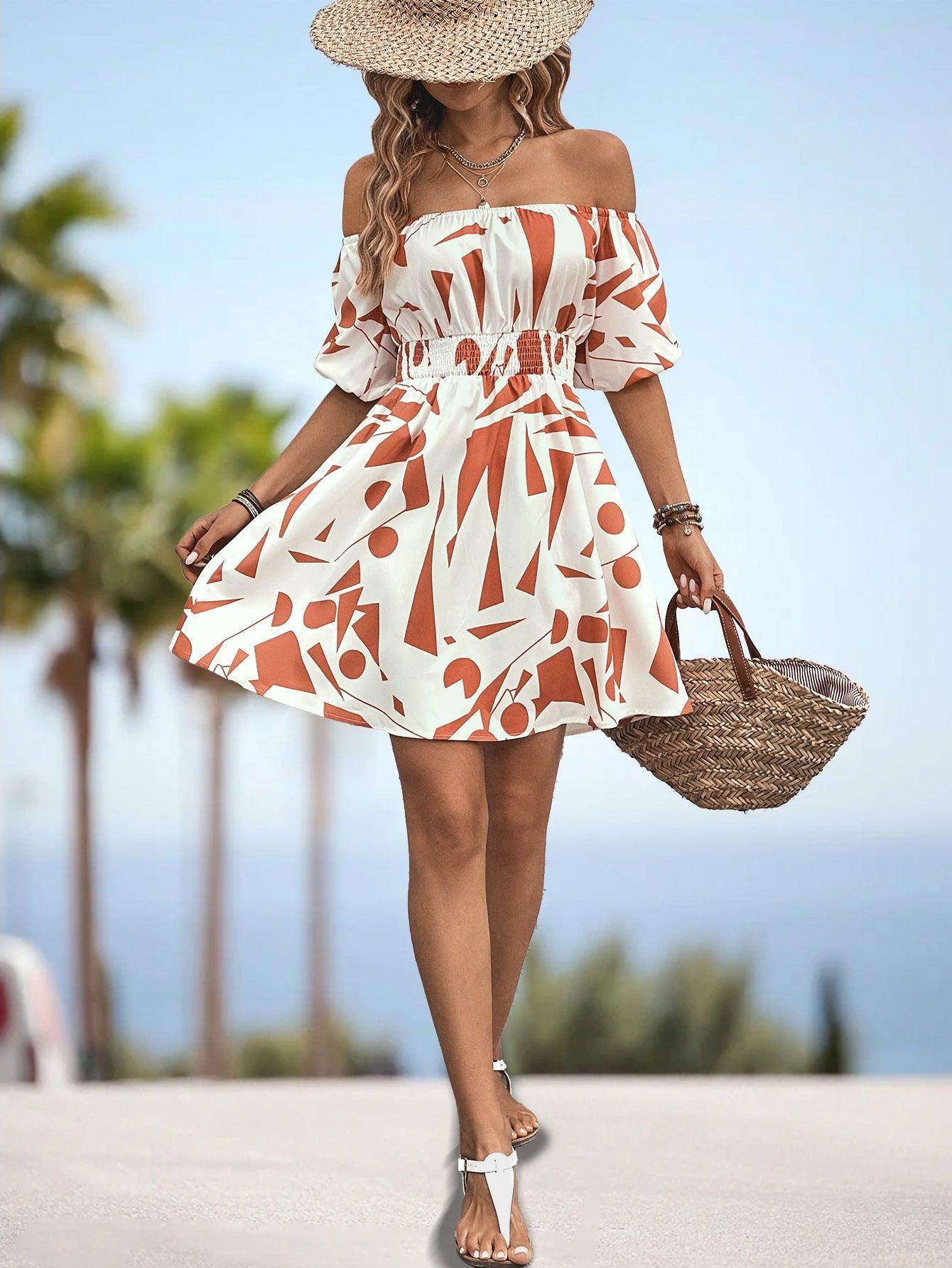 Printed Off-Shoulder Smocked Waist Dress for Women - Selvanelle