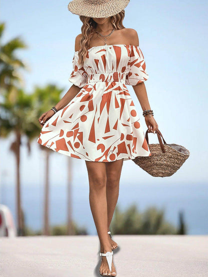 Printed Off-Shoulder Smocked Waist Dress for Women - Selvanelle