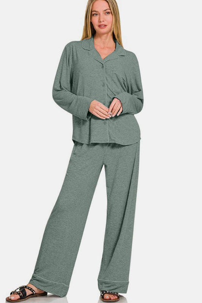 Zenana Button Down Long Sleeve Top and Pants Lounge Set - Selvanelle