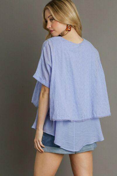 Umgee Full Size Eyelet Layered Short Sleeve Blouse Plus Size - Selvanelle