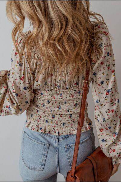 Ruched Printed Scoop Neck Long Sleeve Blouse for Women - Selvanelle
