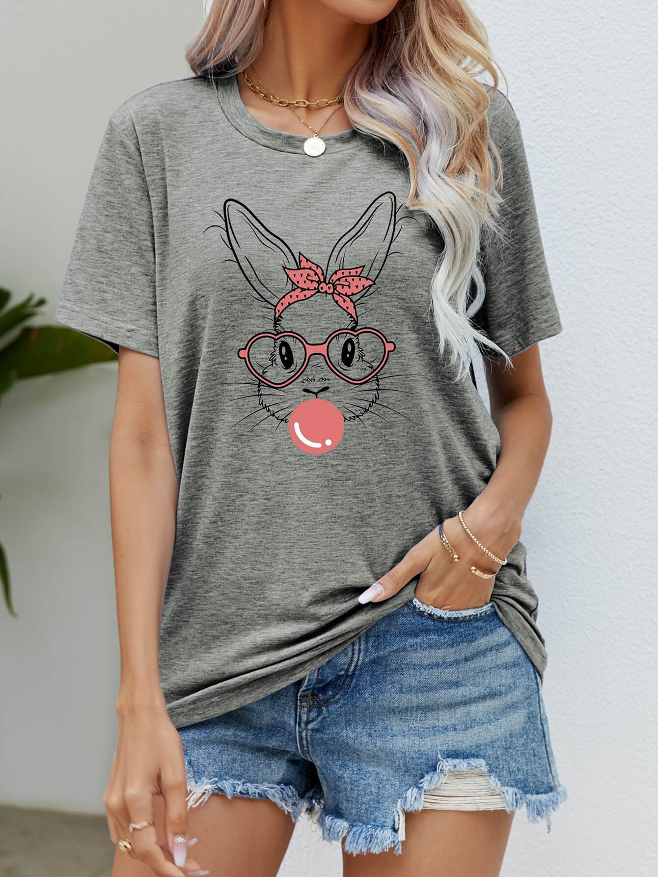 Easter Bunny Graphic Round Neck T-Shirt - Selvanelle