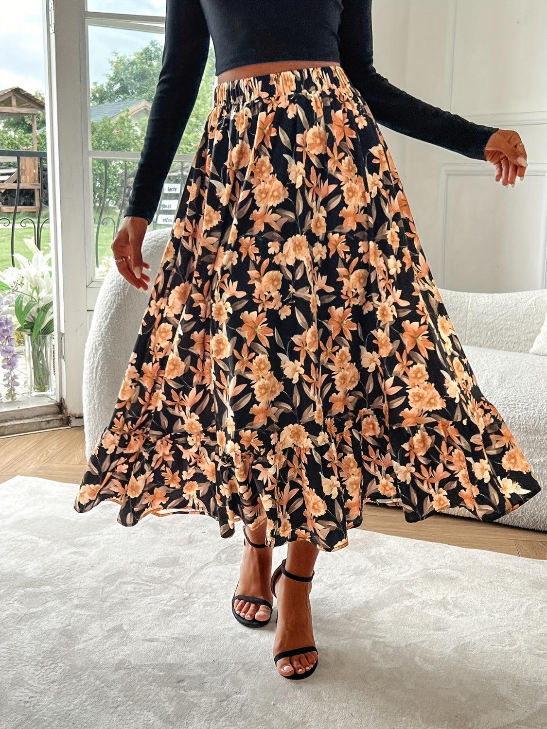 Floral Elastic Waist Midi Skirt for Effortless Style