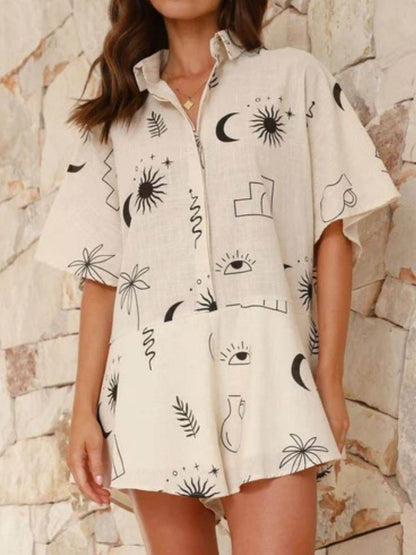 Printed Collared Neck Half Sleeve Romper - Selvanelle