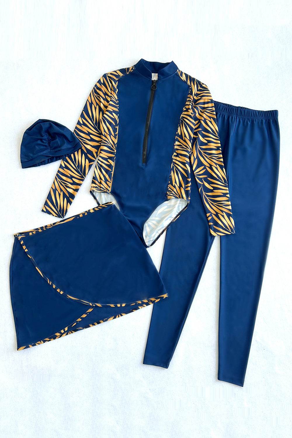 Cap, Printed Long Sleeve Swimwear, Pants and Mini Skirt Four-Piece Swim Set - Selvanelle