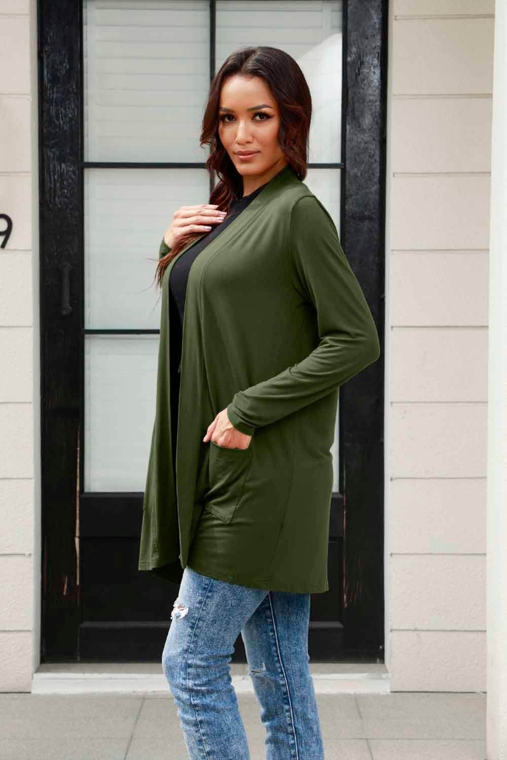 Basic Bae Full Size Open Front Long Sleeve Cardigan with Pockets - Selvanelle