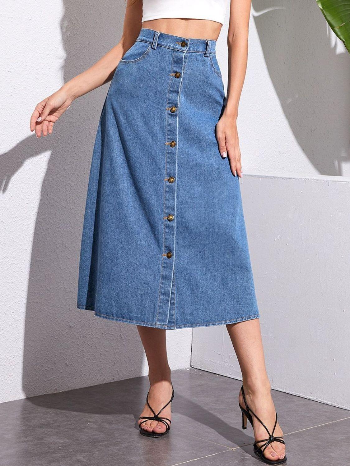 Buttoned Midi Denim Skirt with Pockets for Women